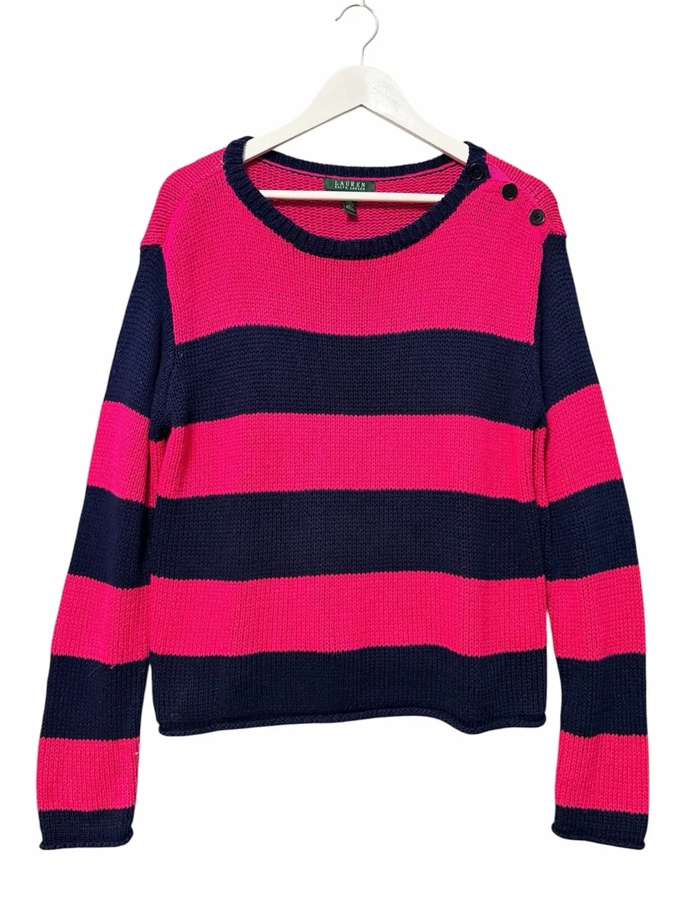 Lauren Ralph Lauren Bold Stripe Sweater Size XL Pink Navy Button Shoulder Preppy